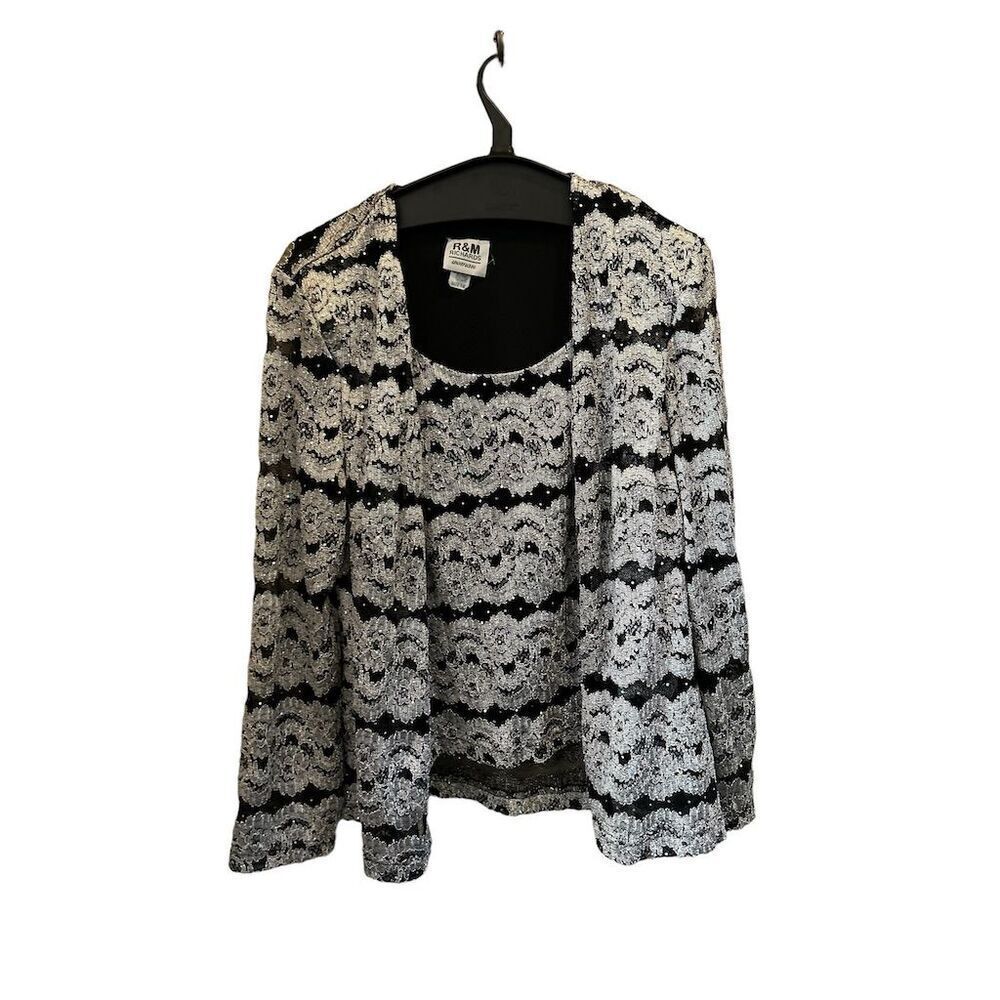 R&M Richards Women's Black & Silver Lace Jacket with Camisole Top Size 16
